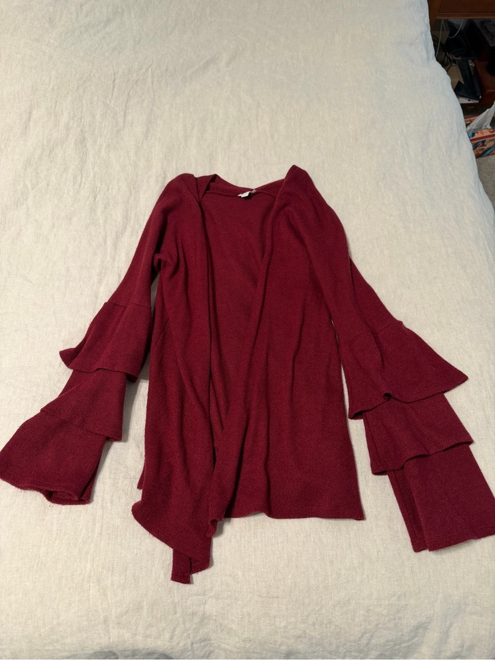 Burgundy Ruffled Sleeve Open-Front Cardigan